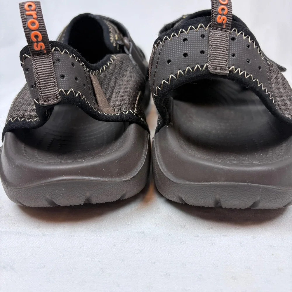 Crocs Swiftwater Mesh Deck Fisherman Sandals Men 12 Brown Water Shoes 15041 EUC